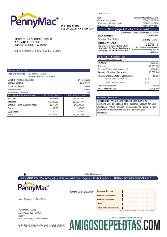 Declaração de hipoteca de serviços de empréstimo Pennymac dos EUA Califórnia exemplo